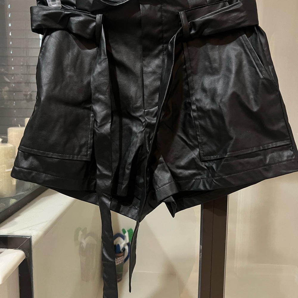 Black Faux Leather Shorts with Belt